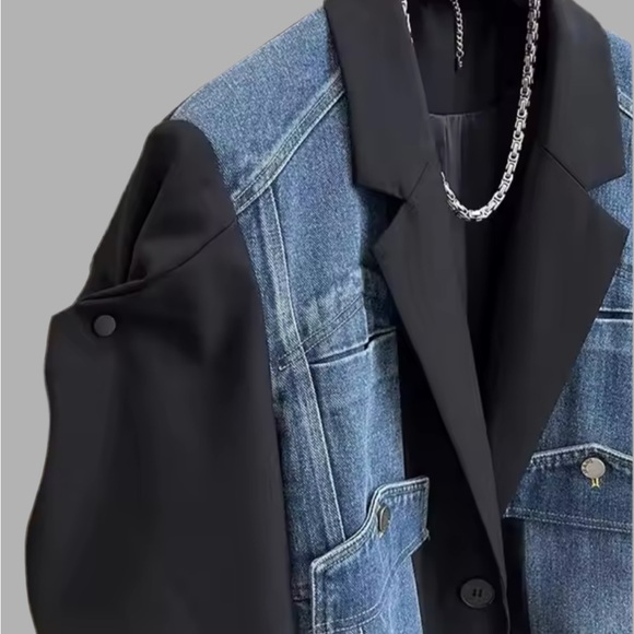 NEW WOMENS DENIM PATCHWORK BLAZER - Picture 4 of 5